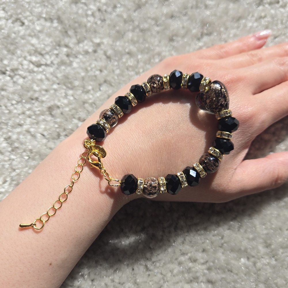 NEW Authentic Murano Glass Bracelet Black Heart In Gold Tone